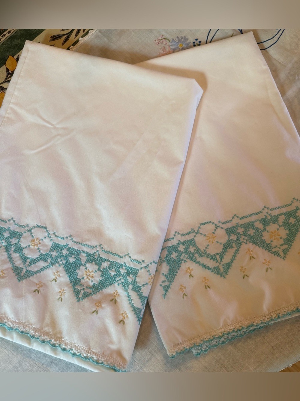Vtg Pillowcases Pair Hand Embroidered Cross StitchTeal Gold Crochet Lace